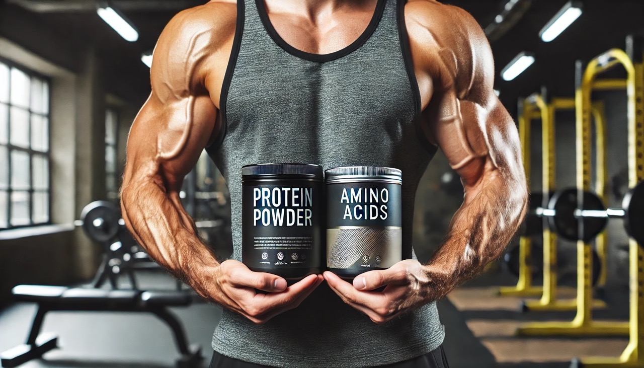 A close-up of a fit man holding two cans of the supplement: protein powder and amino acids.